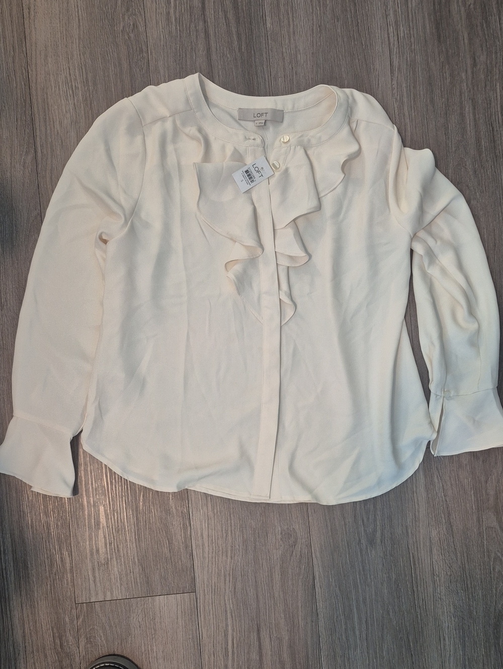 LOFT Cream Ruffle-Front Long Sleeve Blouse